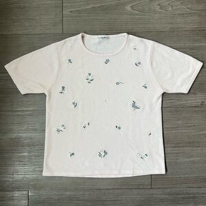 Vintage Baby Pink Short Sleeve Sweater Top With Floral Embroidery